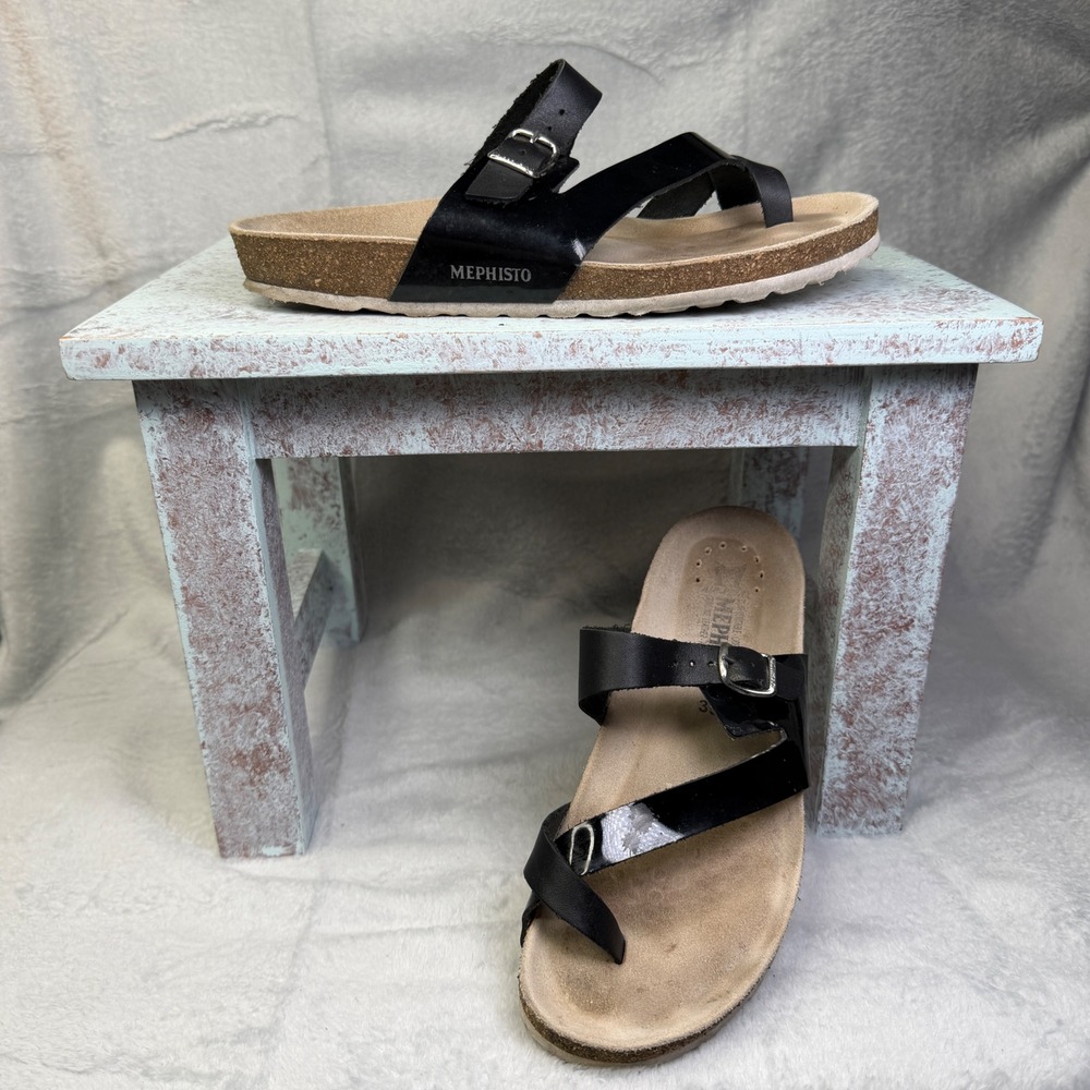 Mephisto Helen Sandal Womens 39 Black Patent Leather Cork Footbed Slide Buckle